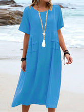 Load image into Gallery viewer, Round neck cotton and linen midi dress for women