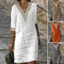 Load image into Gallery viewer, Middle Sleeve V Neck Cotton Linen Dress