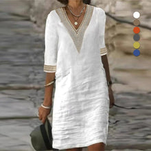 Load image into Gallery viewer, Middle Sleeve V Neck Cotton Linen Dress