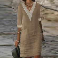 Load image into Gallery viewer, Middle Sleeve V Neck Cotton Linen Dress