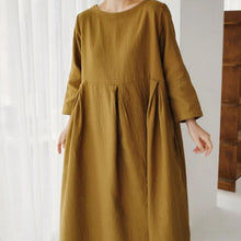 Load image into Gallery viewer, Cotton Linen Round Neck Solid Color Dress