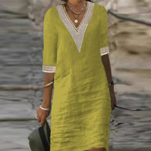 Load image into Gallery viewer, Middle Sleeve V Neck Cotton Linen Dress