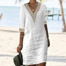 Load image into Gallery viewer, Middle Sleeve V Neck Cotton Linen Dress
