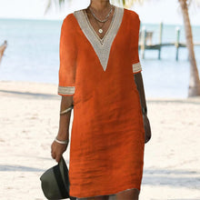 Load image into Gallery viewer, Middle Sleeve V Neck Cotton Linen Dress