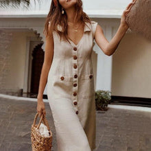 Load image into Gallery viewer, Ladies V-Neck Single Breasted Slim Fit Cotton Linen Dress