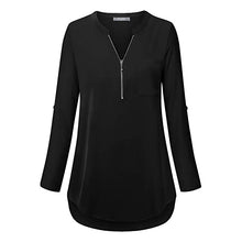 Load image into Gallery viewer, V Neck Zipper Patchwork Plain Blouses