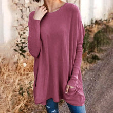 Load image into Gallery viewer, Round Neck Long Sleeve Loose Pocket Solid T-Shirt