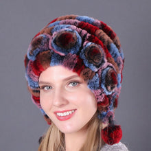 Load image into Gallery viewer, Warm Flowers Striped Real Rex Rabbit Fur Hats