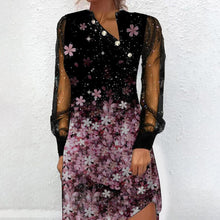 Load image into Gallery viewer, Button Mesh Panel Printed Long-Sleeve Dress