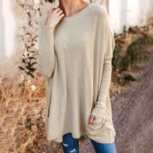 Load image into Gallery viewer, Round Neck Long Sleeve Loose Pocket Solid T-Shirt