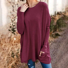 Load image into Gallery viewer, Round Neck Long Sleeve Loose Pocket Solid T-Shirt