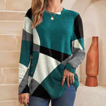 Load image into Gallery viewer, Women's Button Geometric Contrast Color Long-sleeved Printed Loose T-shirt