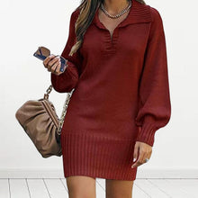 Load image into Gallery viewer, Lapel Lantern Sleeve Knit Solid Color Sweater Dress