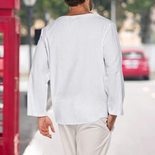 Load image into Gallery viewer, Men's Cotton Linen Casual Lace-Up V-Neck Long Sleeve T-Shirt