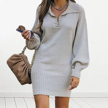 Load image into Gallery viewer, Lapel Lantern Sleeve Knit Solid Color Sweater Dress