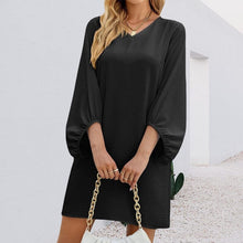 Load image into Gallery viewer, Solid Color V-Neck Puff Sleeve Loose Dress