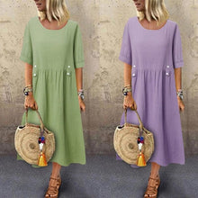 Load image into Gallery viewer, Women's Crew Neck Ruched Button Cotton Linen Dress