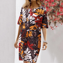 Load image into Gallery viewer, Floral Print Split O-neck Half Sleeve Casual Cotton Dress