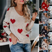 Load image into Gallery viewer, Heart V-Neck Knit Long Sleeve Sweater