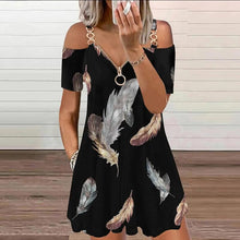 Load image into Gallery viewer, Feather Print Cold Shoulder Pocket Design Casual Dress