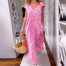 Load image into Gallery viewer, V-neck printed long dress with short sleeves