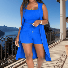 Load image into Gallery viewer, 3PCS Ribbed Crop Tank Top & Shorts Set With Vest Cardigan