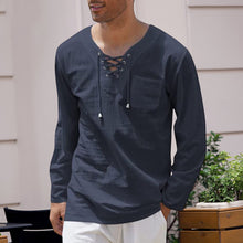 Load image into Gallery viewer, Men's Cotton Linen Casual Lace-Up V-Neck Long Sleeve T-Shirt