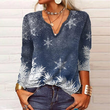 Load image into Gallery viewer, Long Sleeve Floral Christmas V-Neck Button T-Shirt