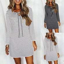 Load image into Gallery viewer, Cord Tie Striped Long Sleeve Dress