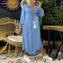 Load image into Gallery viewer, Robe en jean décontractée à manches longues de couleur unie pour femmes