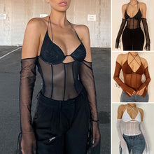Load image into Gallery viewer, Mesh Sheer Off Shoulder Halter Top