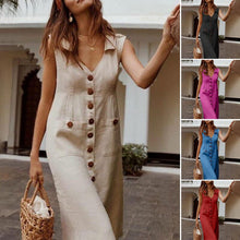 Load image into Gallery viewer, Ladies V-Neck Single Breasted Slim Fit Cotton Linen Dress
