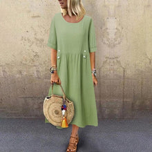 Load image into Gallery viewer, Women's Crew Neck Ruched Button Cotton Linen Dress
