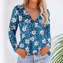 Load image into Gallery viewer, Floral Zipper V-neck Long Sleeves Shirt