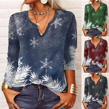 Load image into Gallery viewer, Long Sleeve Floral Christmas V-Neck Button T-Shirt
