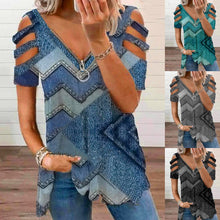 Load image into Gallery viewer, V-neck zipper short-sleeved T-shirt