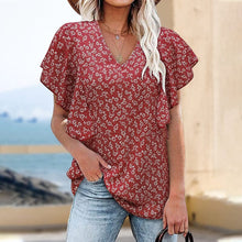 Load image into Gallery viewer, Short-sleeved blouse with V-neck and flower print