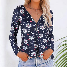 Load image into Gallery viewer, Floral Zipper V-neck Long Sleeves Shirt