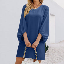 Load image into Gallery viewer, Solid Color V-Neck Puff Sleeve Loose Dress