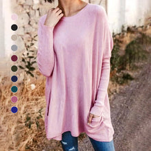 Load image into Gallery viewer, Round Neck Long Sleeve Loose Pocket Solid T-Shirt