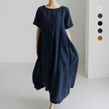 Load image into Gallery viewer, Cotton Linen Round Neck Solid Color Dress