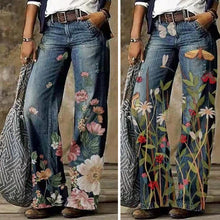 Load image into Gallery viewer, Women's Printed Wide Leg Denim Pants