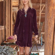 Load image into Gallery viewer, Long-Sleeve V-Neck Panel Gold Velvet Dress