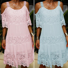 Load image into Gallery viewer, Lace Solid Shift Cold Shoulder Short Sleeves Midi Elegant Dresses