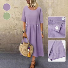 Load image into Gallery viewer, Women's Crew Neck Ruched Button Cotton Linen Dress