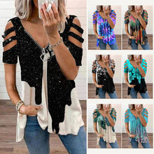 Load image into Gallery viewer, V-Neck Zip Pullover Print Short Sleeves