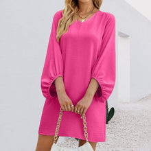 Load image into Gallery viewer, Solid Color V-Neck Puff Sleeve Loose Dress