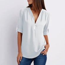 Load image into Gallery viewer, V Neck Zipper Patchwork Plain Blouses