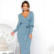 Load image into Gallery viewer, Elegant V-Neck Wrap Sweater Dress