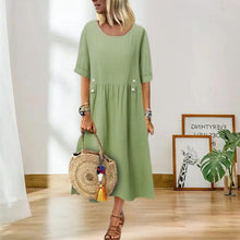 Load image into Gallery viewer, Women's Crew Neck Ruched Button Cotton Linen Dress